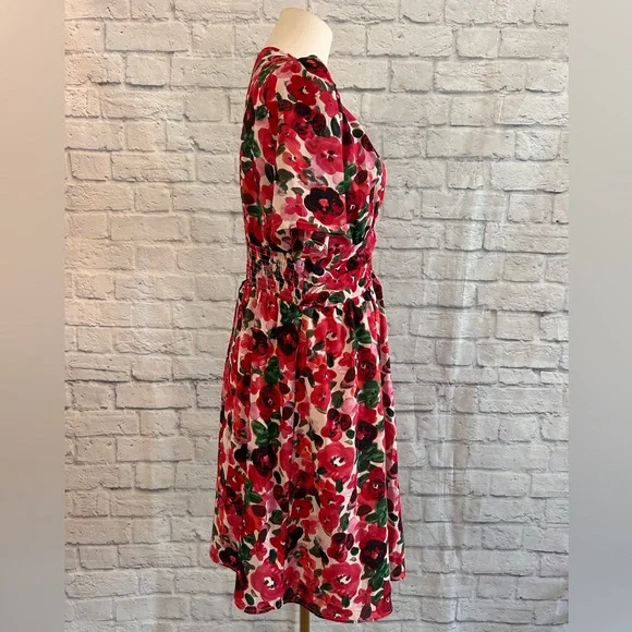 Romantic Floral Mini Dress Red & Pink Roses Empire Waist Low Cut Deep V-Neck - Picture 9 of 15